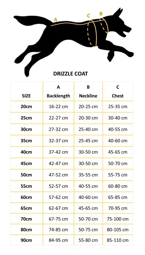 Drizzle Coat Size Chart NZ