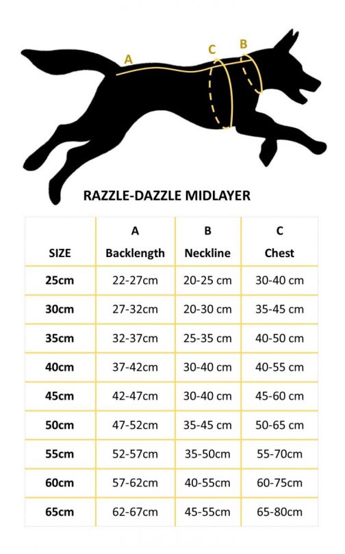 Hurtta Razzle Dazzle Midlayer Size Chart NZ