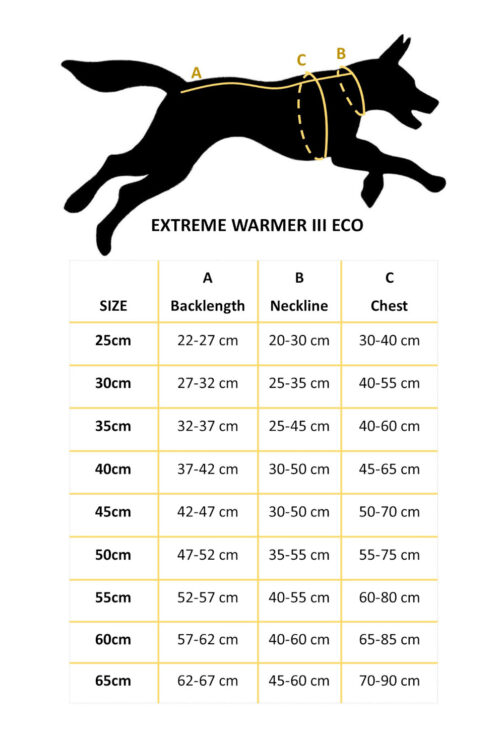 Extreme Warmer III ECO size chart NZ